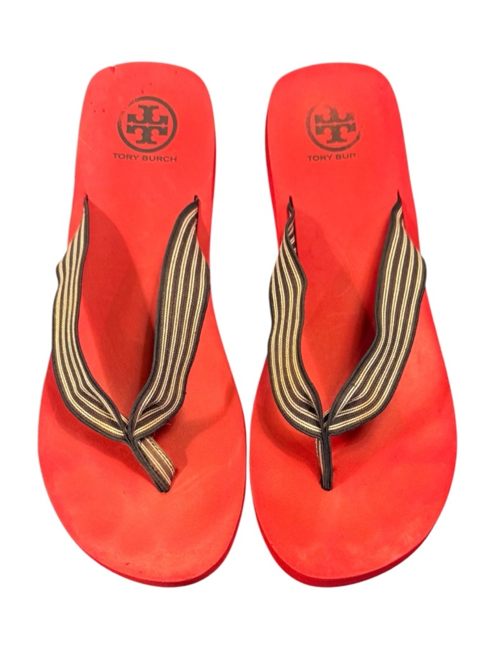 Tory Burch Bright Red Flip Flop Sandals with Striped Thong Size 11